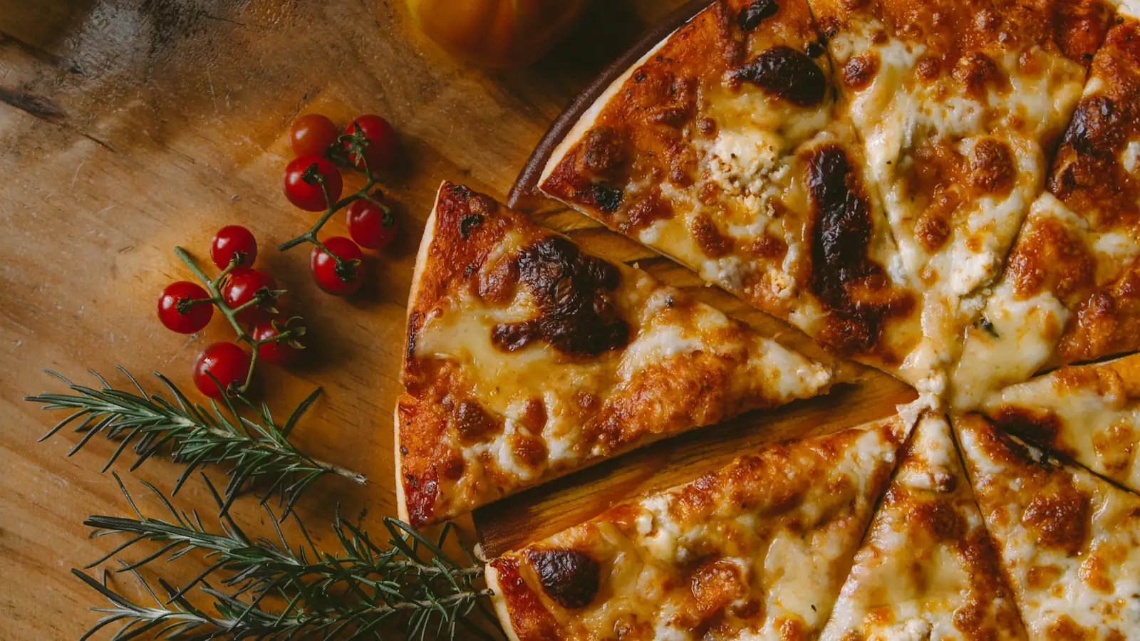 Pizza margherita saindo do forno a lenha, com a borda tostada e manjericão fresco por cima